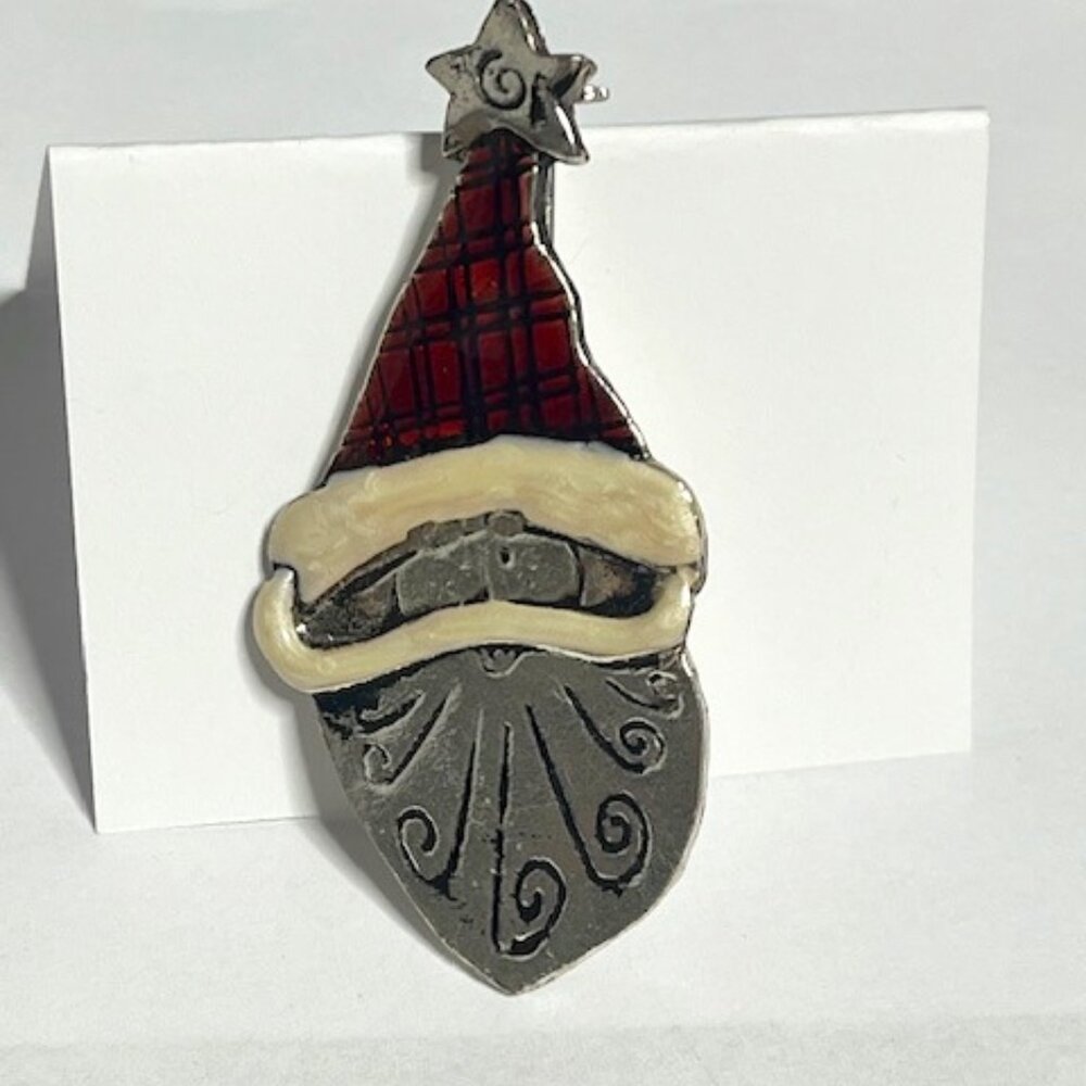 VTG Silver Tone Enamel Santa w/Santa Hat & Star Christmas Pin/Brooch 1"x2.5"